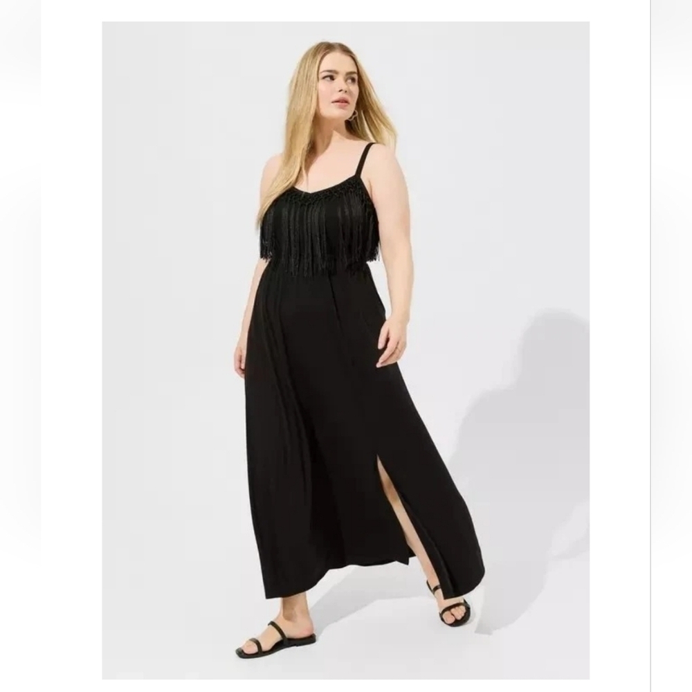 Torrid Black Crochet Trim Maxi Dress Pockets Fringe